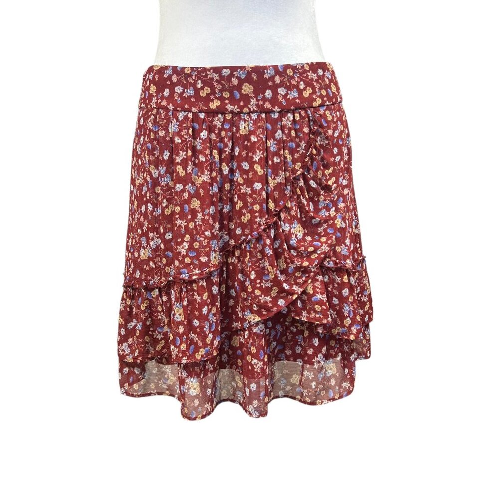 New Sezane Carolina Skirt In Burgundy Flowers Ruffle Size Us 6